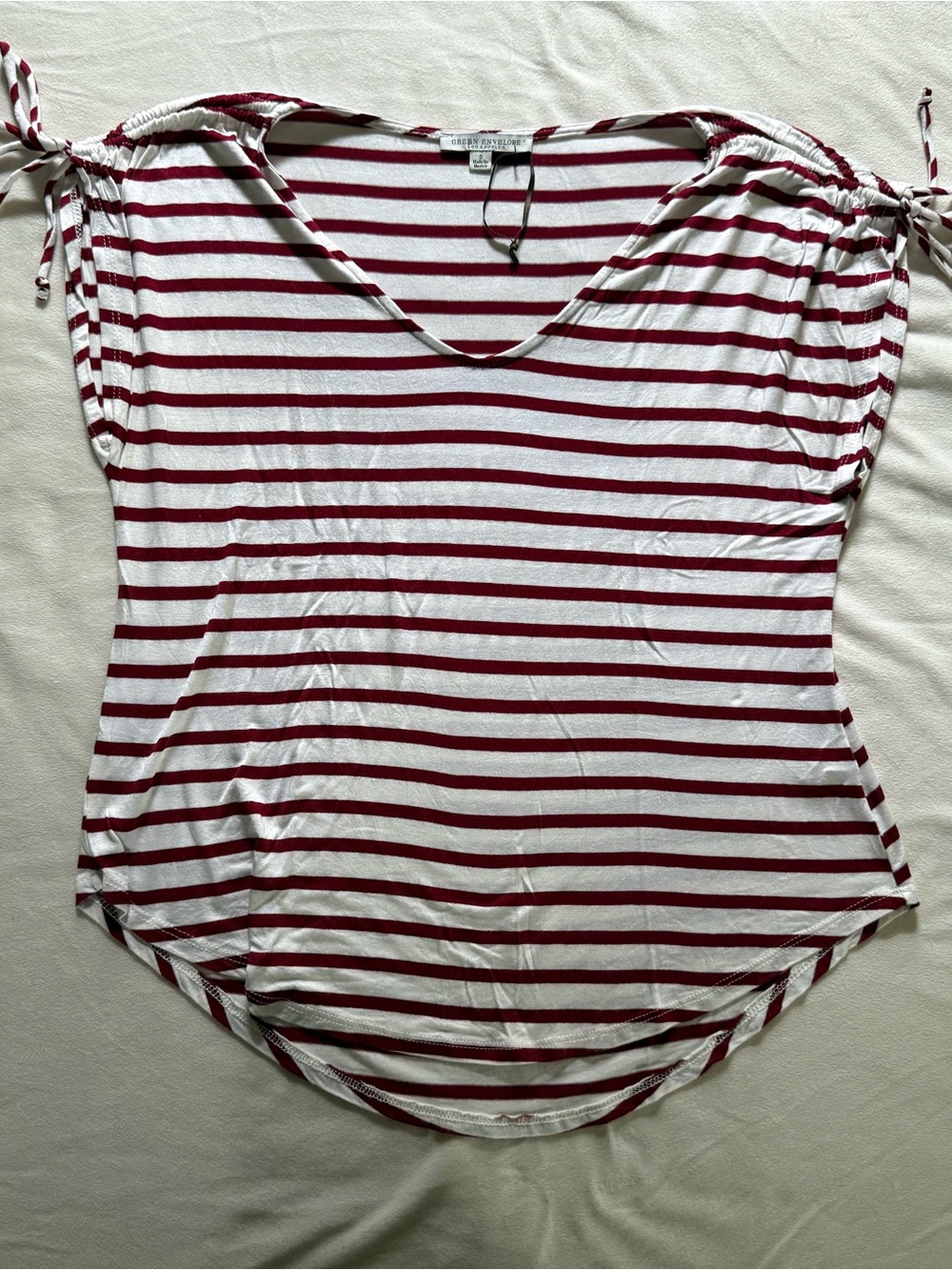Green Envelope White and Burgundy Striped Women’s Tie-Sleeve Top